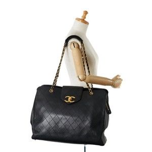 CHANEL Bicolor Coco Mark Super Bag Chain Tote Bag Black Gold Lambskin